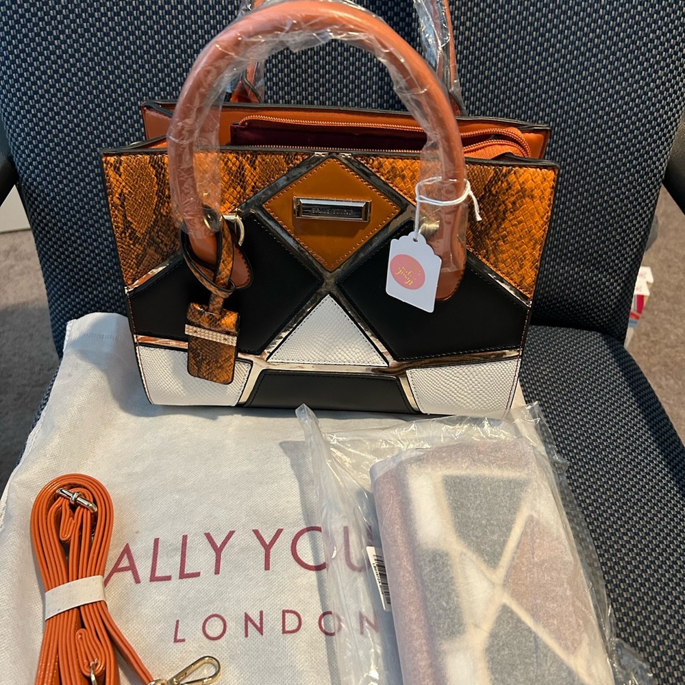 Orange and Black Shoulder Bag by Sally Young with matching wallet.